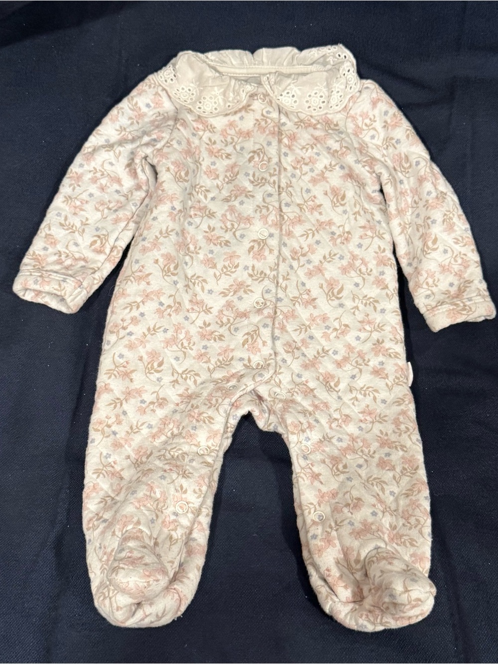 Tahari Baby Floral Footed Sleeper Footie White Lace Collar Pink 3-6m Quilted
